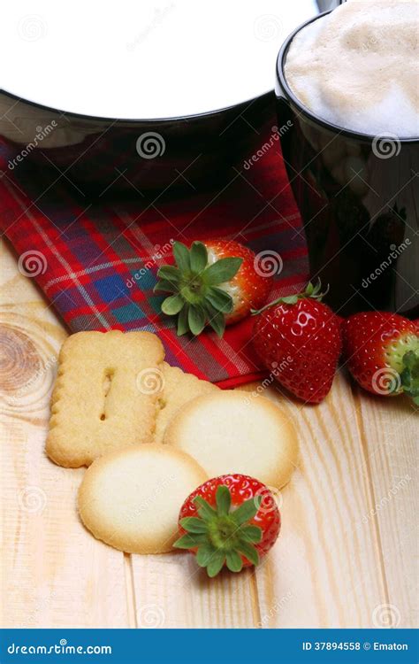 Milk And Coffee With Biscuits And Strawberries Stock Photo Image Of