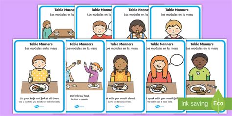 Good table manners are necessary for social interactions and knowing now whether you want to teach table manners to your toddler or preschooler, or an older child, we have tips for teaching table manners to kids of. Table Manners Rules Display Posters Spanish (teacher made)