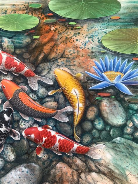 Koi Fish Painting Fengshui Art Lotus Pond Underwater Hand Etsy