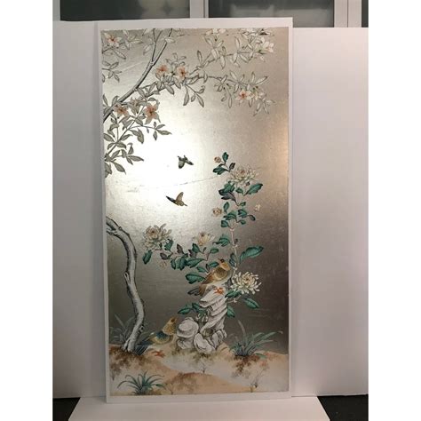 Handpainted Chinoiserie Wallpaper Panel Silver Metal Leaf With Birds