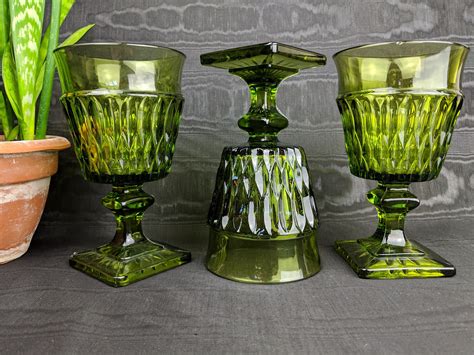 Green Glass Gobletsmt Vernon Indiana Glass Set Of 3green Etsy