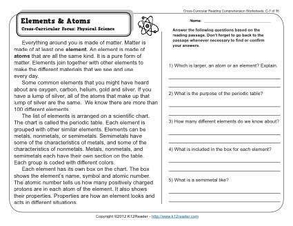 Fifth grade reading comprehension worksheets & printables. Elements and Atoms | 3rd Grade Reading Comprehension Worksheet