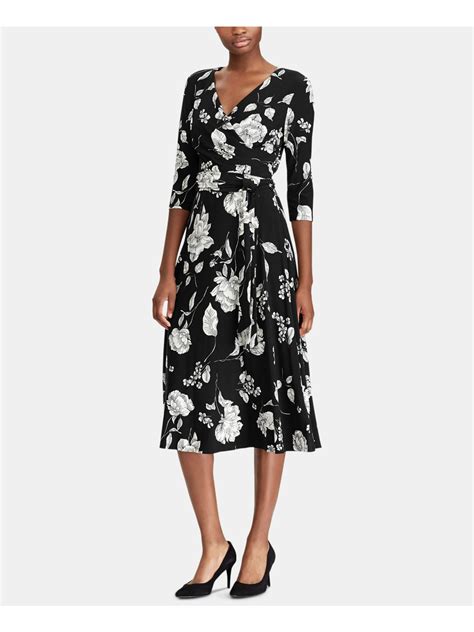 Ralph Lauren RALPH LAUREN Womens Black Floral Print Surplice Sleeve V Neck Midi Wear To