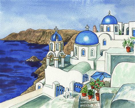 Blue Roofs White Buildings Of Greece Santorini Island Watercolor