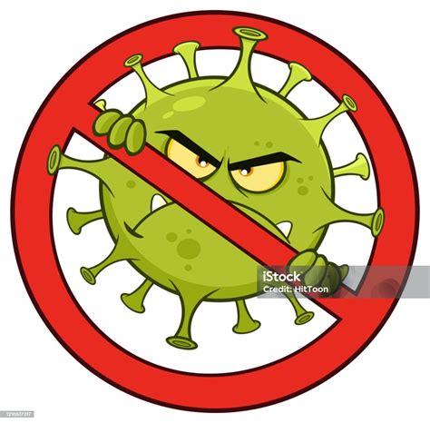 사악한 코로나 바이러스 금지 기호에 병원성 박테리아의 만화 캐릭터 Covid 19에 대한 스톡 벡터 아트 및 기타 이미지