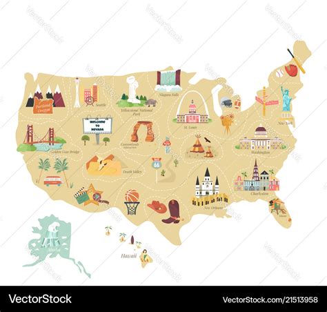 Usa Tourist Map With Famous Landmarks Royalty Free Vector