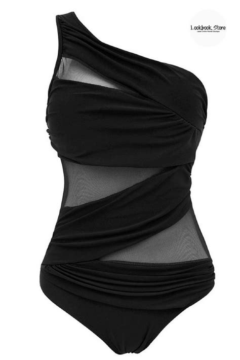 Swimwear Get That Totally Knock Out Beach Look With This Black Mesh One Shoulder Ruched