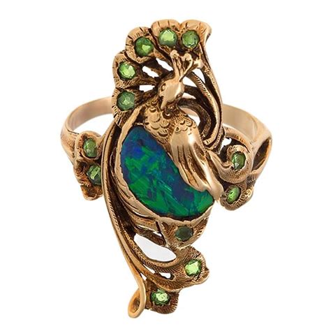 Art Nouveau Gold Ring With Black Opal And Demantoid Garnets By Walton