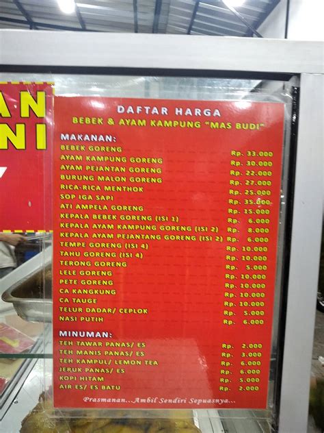 Menu At Bebek And Ayam Kampung Mas Budi Restaurant Semarang Jl Ra