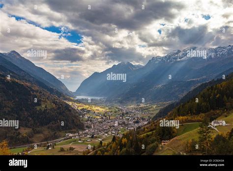 Stunning Aerial Panorama View Of Poschiavo Town In Valley With Swiss