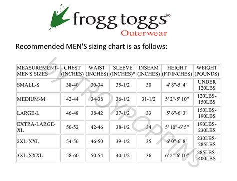 Frogg Toggs Sizing Charts X — X Treme Distributing Llc