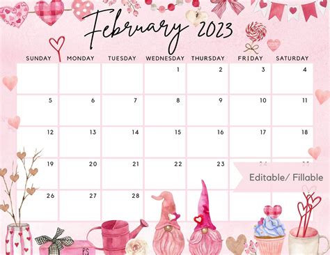 Printable February Calendar Cute Valentine Loving Gnome Watercolor Hearts Fillable Editable