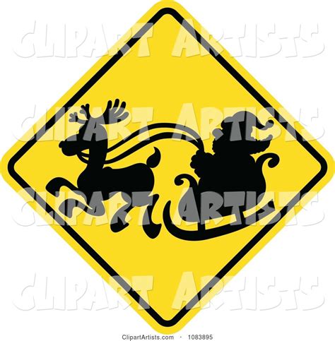 Silhouetted Santa And Sleigh On A Yellow Crossing Warning Sign Clipart