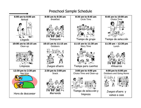 Templates for both full and half day programs are included, just type in your own times, print, and go! Daycare Schedule in English/Spanish. | Daycare schedule, Daily schedule preschool, Picture schedule