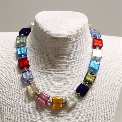 Multi Coloured Square Beads Murano Glass Necklace