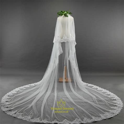 Two Tier Cathedral Bridal Veils With Lace Applique Edge Vampal Dresses