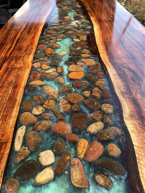 Walnut Live Edge River Table With Stone Etsy Wood Resin Table