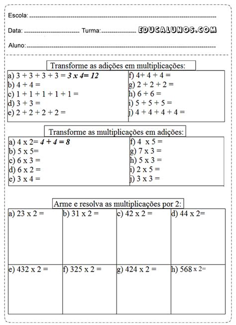 Atividades De Multiplicação Para 3º E 4º Ano — SÓ Escola