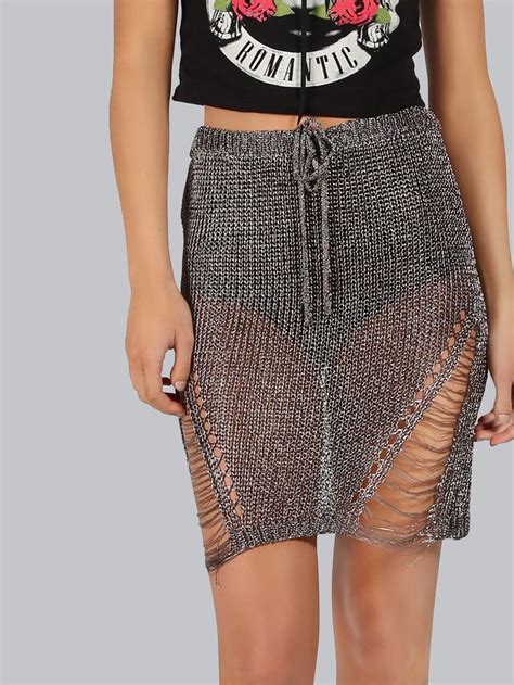 Shop Metallic Crochet Skirt Grey Online Shein Offers Metallic Crochet