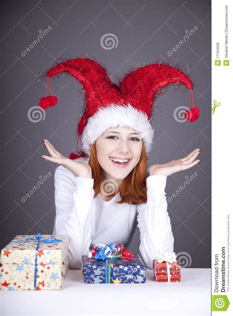Funny Red Haired Girl In Christmas Cap Stock Image Image Of Lingerie Lady
