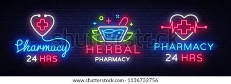 Pharmacy Neon Sign Collection Vector Herbal เวกเตอร์สต็อก ปลอดค่า
