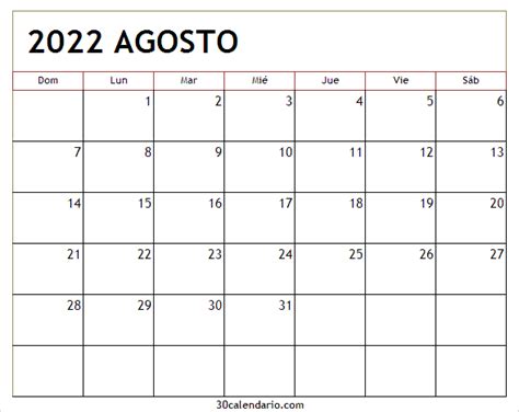 Calendario Agosto 2022 Gratis Calendario 2022 Para Imprimir