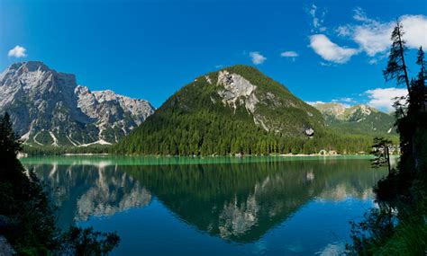 Landscape In Summer Season On The Lake Of Braies Stock Photo Download