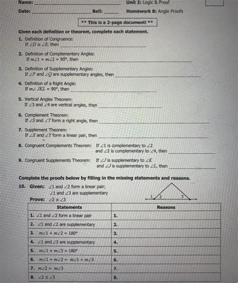 Solved Name Unit 2 Logic And Proof Homework 8 Angle Proofs