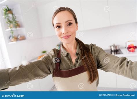 Photo Of Pretty Charming Housewife Dressed Brown Apron Tacking Selfie
