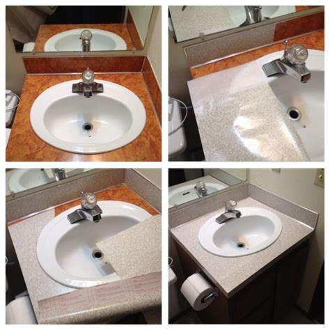 Cover cabinets with contact paper. Ugly bathroom sink in our new rental... Now covered with ...