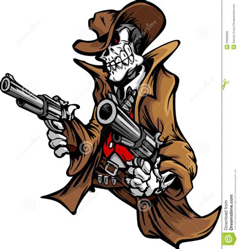 Skeleton Cowboy With Skull And Hat Aiming Guns Stock Vector