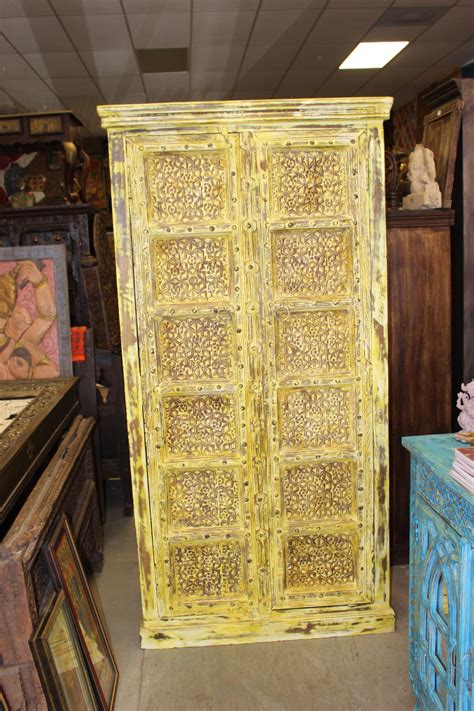 Consigned Vintage Yellow Antique Indian Armoire Lovely Wardrobe Wood