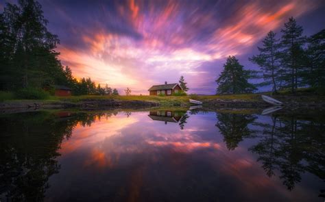 Nature Landscape Norway Long Exposure Lake Cottage Reflection