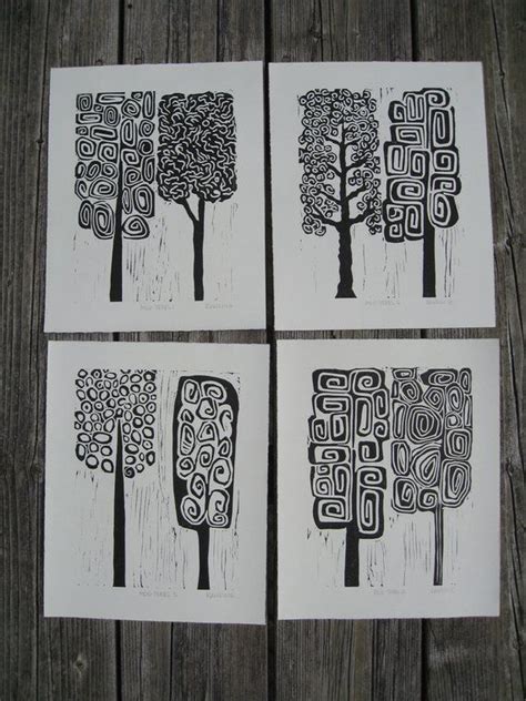 Linoleum Print 8x10 Block Print Mod Trees 3 Etsy Linoleum Print