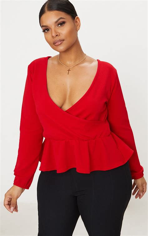 Plus Red Plunge Frill Hem Top Plus Size Prettylittlething