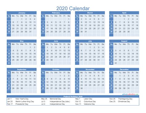 12 Month Printable Calendar 2020 With Holidays Free 2020 And 2021