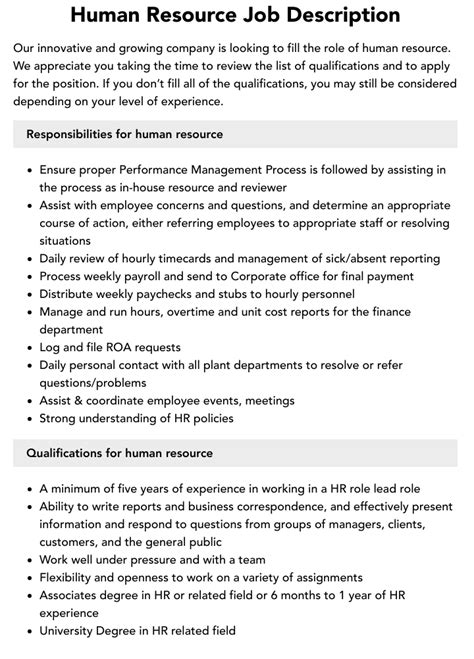 Human Resource Job Description Velvet Jobs