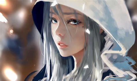 White Haired Female Anime Character With Hood Wlop Digital Art