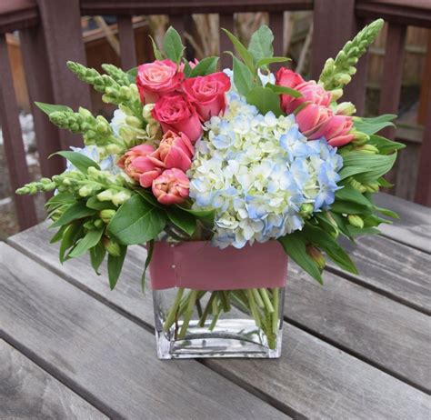 Flower Arrangement With Tulips Snapdragons Roses And Hydrangeas