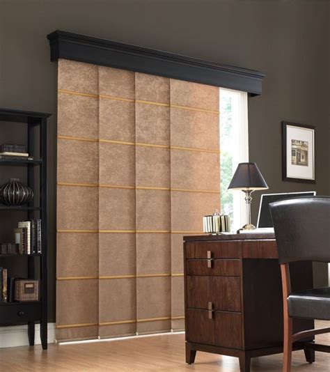 Luminette® privacy sheers on a sliding glass door with silhouette® window shadings on the adjacent window. Fabric Panel Track Blinds | track slider panels are a ...