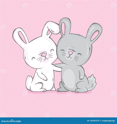 Two Cute Bunnies One White And One Grey Hugging Stock Vector Illustration Of Happy Smile
