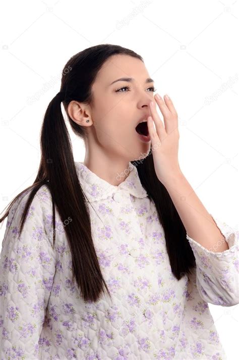 Tired Woman Yawning Beautiful Girl In Pajamas Yawning — Stock Photo