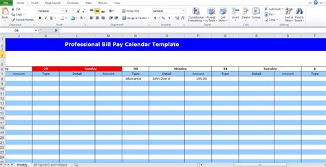 Professional Bill Pay Calendar Template Excel Pdf Excel Tmp