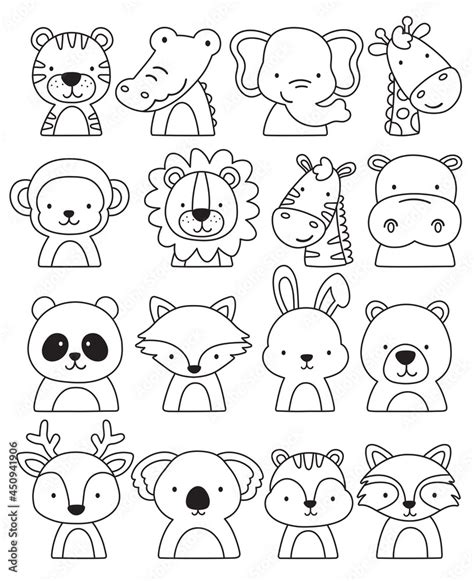 Vecteur Stock Cute Outlined Jungle And Woodland Animal Faces Coloring