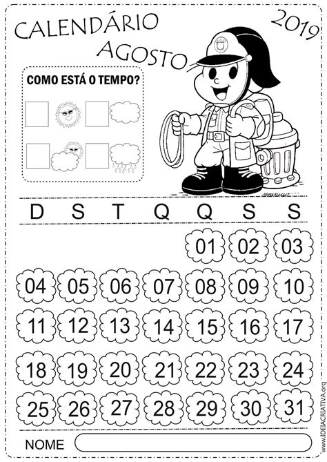 Tercer bimestre 2021 (8 semanas) publicación de materias: Calendários Agosto Turma da Mônica para colorir e imprimir