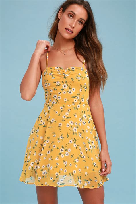 Cute Yellow Dress Floral Print Dress Skater Dress Lulus