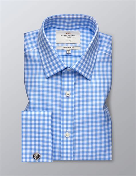 Mens Formal Blue And White Large Gingham Check Extra Slim Fit Shirt