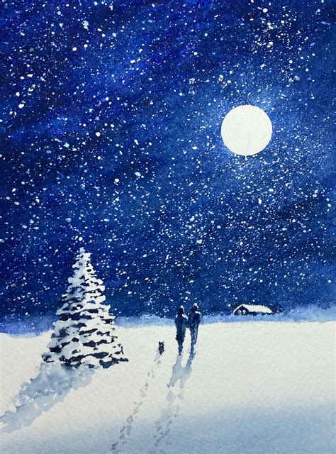 Holiday Watercolor Card Full Moon Starry Night Sky Couple Walking In
