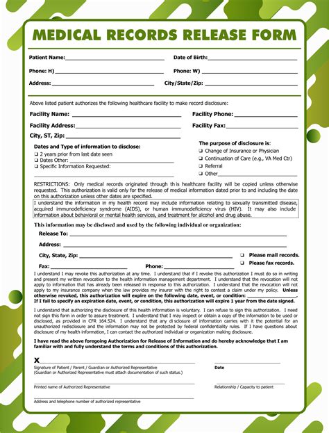 Printable Template Medical Records Release Form Printable Free Templates