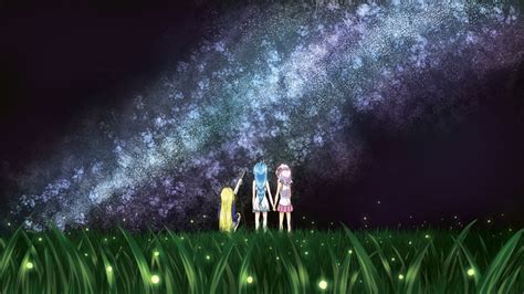 Wallpaper Sunlight Night Anime Girls Nature Grass Sky Stars